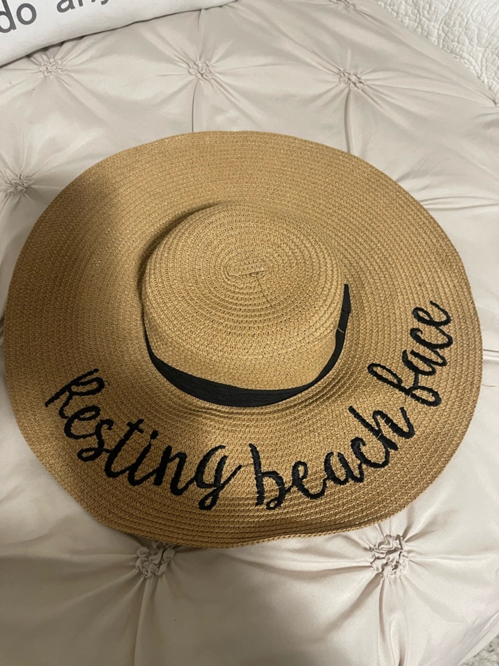 Wide-Brim Straw Sun Hat with 'Resting Beach Face' Script